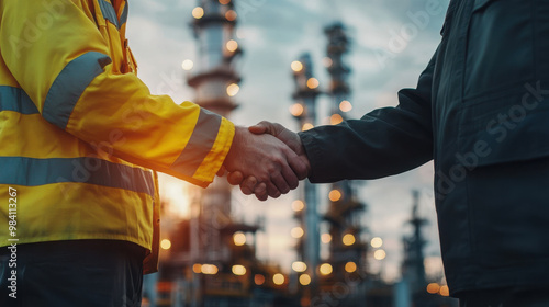 Two individuals shaking hands in an industrial setting, symbolizing partnership and collaboration.