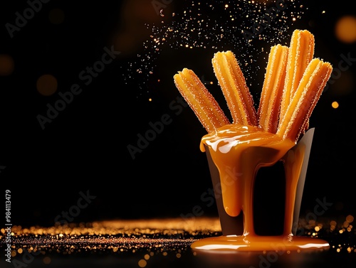 In Argentina, churros con dulce de leche, crispy fried dough filled or dipped in caramel sauce, are a beloved street snack in Buenos Aires photo