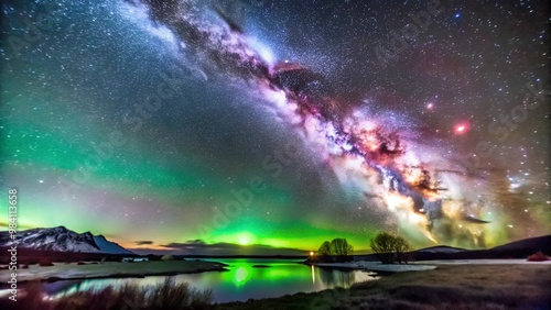 Amazing milky way view at night over the lake and aurora