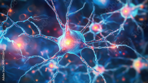 Close-up view of neurons showcasing their structure and connections in the nervous system. photo