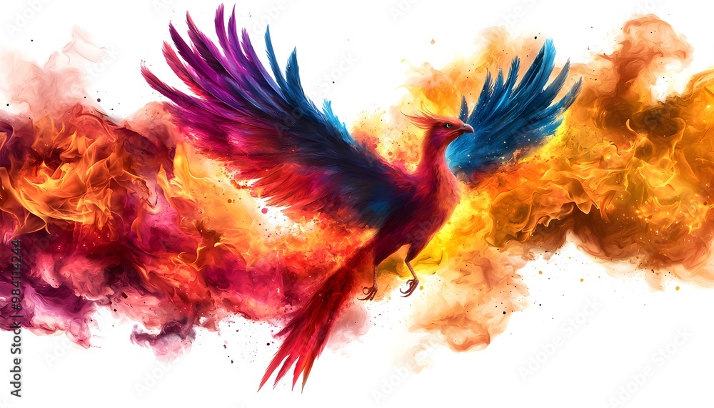 A phoenix rising from multicolored flames, mythical creature, vibrant fantasy, digital painting, isolated on white background A phoenix rising from multicolored flames, mythical creature, vibrant fantasy, digital painting, isolated on white background