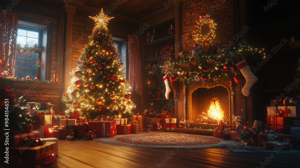 A cozy Christmas scene with a decorated tree, gifts, and a warm fireplace. A cozy Christmas scene with a decorated tree, gifts, and a warm fireplace.
