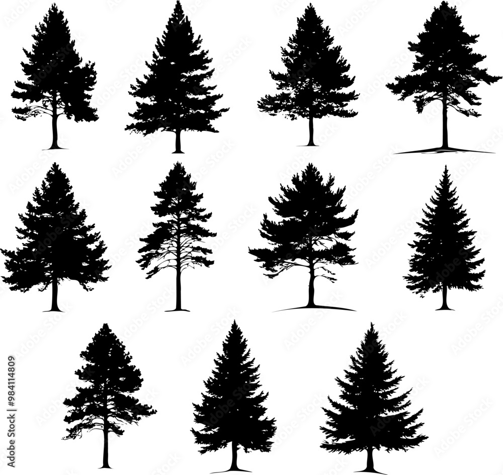 Obraz premium pine trees silhouette set illustration