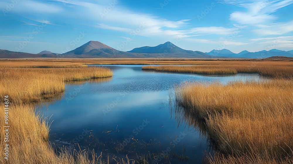Expansive wetlands with tall grasses, reflective water Expansive wetlands with tall grasses, reflective water