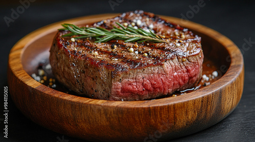Angus beef steak on wood dish with black background in studio light. Food concept. Generative AI
