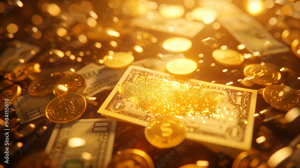 Close-up of a shimmering golden lottery ticket with sparkling numbers, symbolizing a life-changing jackpot win. The ticket is surrounded by blurred coins and dollar bills, capturing the excitement and Close-up of a shimmering golden lottery ticket with sparkling numbers, symbolizing a life-changing jackpot win. The ticket is surrounded by blurred coins and dollar bills, capturing the excitement and