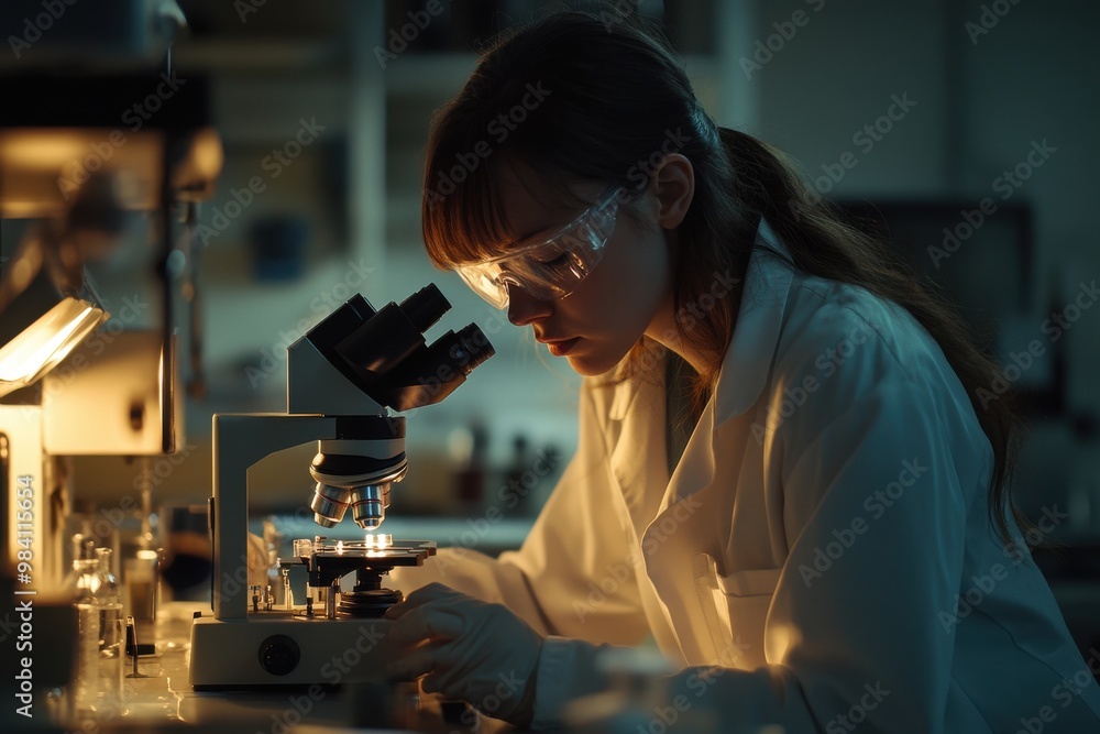 A scientist intensely focused on her work in a laboratory, using a high-powered microscope A scientist intensely focused on her work in a laboratory, using a high-powered microscope