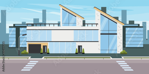Vector illustration of a cityscape with modern houses. Cartoon scene of a beautiful street with houses with sloping roofs, large windows, a garage, a door, a lamp post, bushes,thuja,a sidewalk,a road.