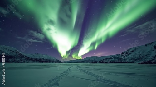 A sky filled with vibrant Northern Lights, with green and purple waves dancing above a snowy landscape