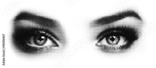 Vector halftone female eyes. Frontal view closeup of eyes made by dotted pattern.