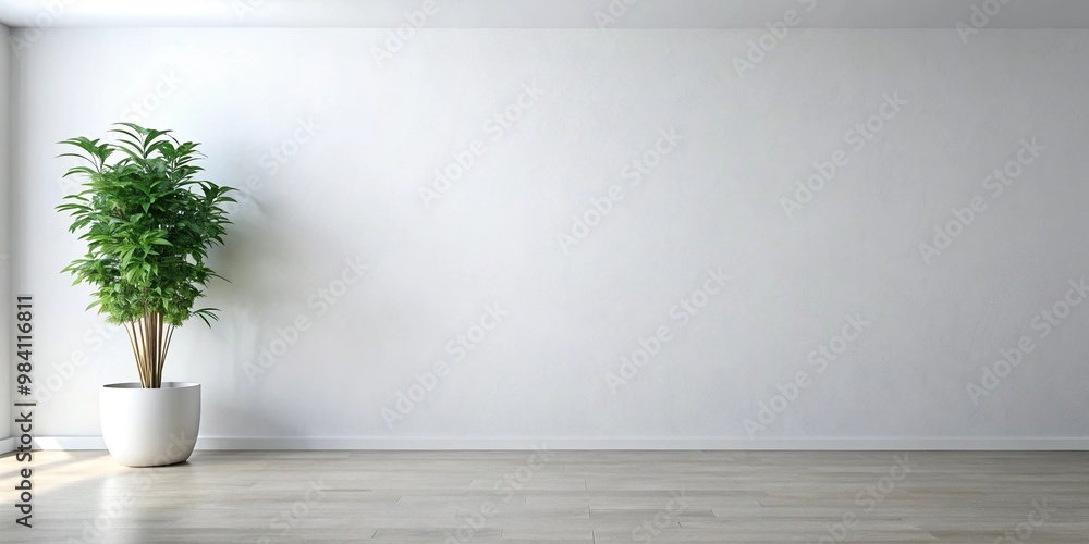 Bird eye view of a large white wall with a plant in a pot on the right Bird eye view of a large white wall with a plant in a pot on the right