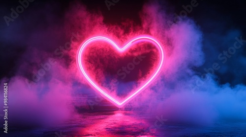 Neon lights heart with glowing platform. Podium stand for promotions Romantic themes, Valentine's day, birthday, wedding. mother's day and international women's day