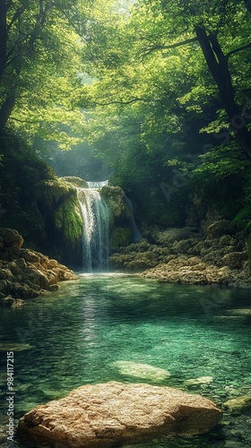 Fototapeta Naklejka Na Ścianę i Meble -  Green forest with a small waterfall cascading