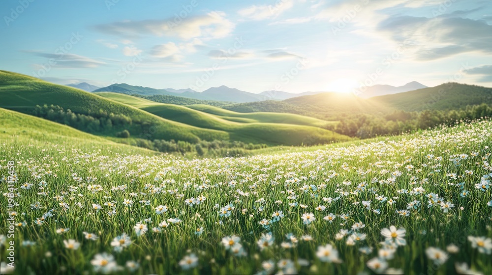 Green rolling hills dotted with wildflowers under a bright Green rolling hills dotted with wildflowers under a bright
