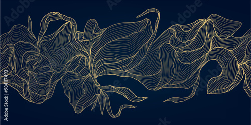 Vector line leaves wallpaper, gold on dark japanese illustration, wavy floral ornament. Premium flower abstract design, jungle pattern