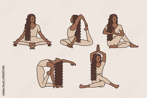 Set of black woman practicing  yoga pose, asana. Healthy and fitness stretching. 