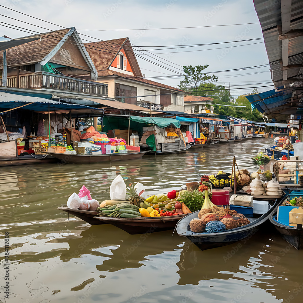 Obraz premium A photo of a floating market in Thailand. There are small boats filled with various goods, such as fruits, vegetables, and handicrafts, moored along the canal. 