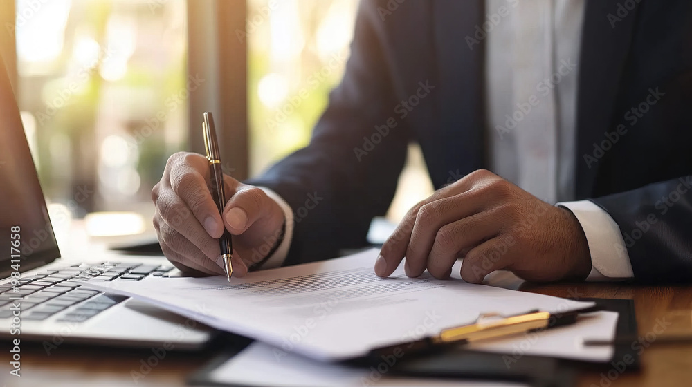 Business professional signing a contract with a pen, surrounded by documents and laptops on the desk, representing a formal business agreement in a corporate environment.
