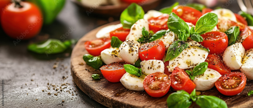 A fresh caprese salad featuring tomatoes, mozzarella, and basil on a wooden platter. A fresh caprese salad featuring tomatoes, mozzarella, and basil on a wooden platter.