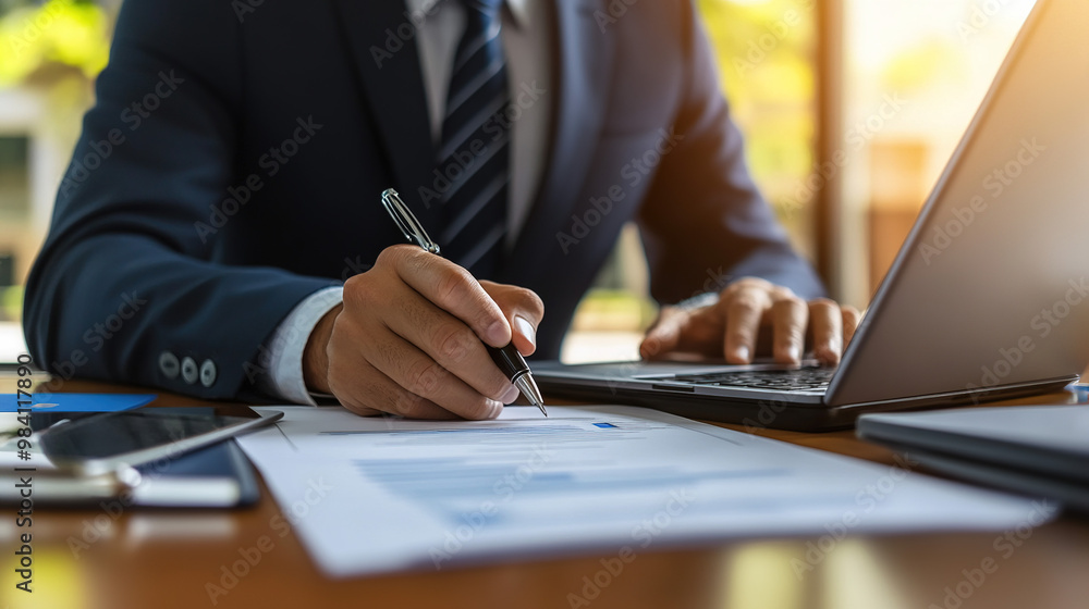 Business professional signing a contract with a pen, surrounded by documents and laptops on the desk, representing a formal business agreement in a corporate environment. Business professional signing a contract with a pen, surrounded by documents and laptops on the desk, representing a formal business agreement in a corporate environment.