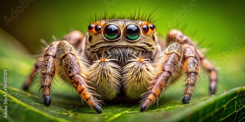 On the leaf, a small, furry spider with enormous eyes seems to be scrutinizing its surroundings, its tiny legs tense with anticipation.