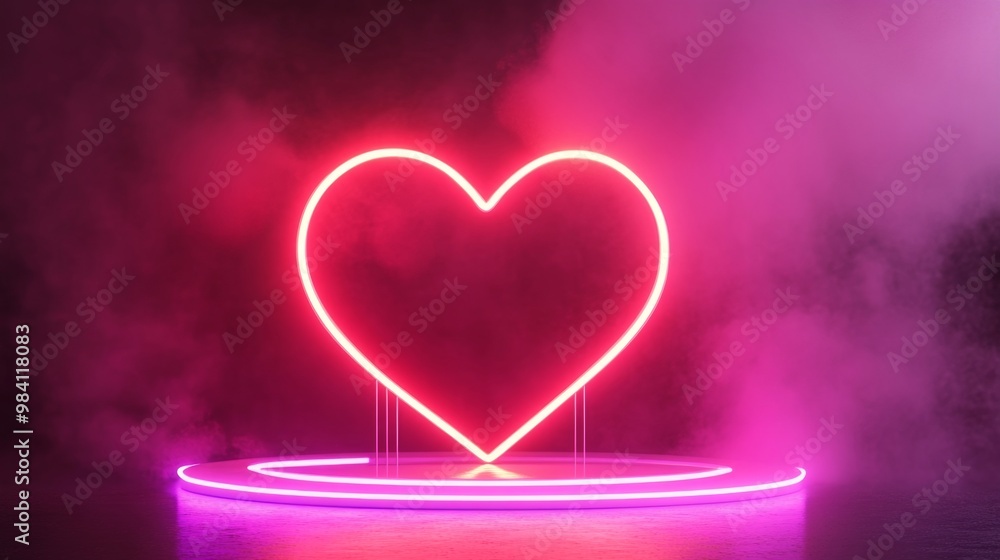 Neon lights heart with glowing platform. Podium stand for promotions Romantic themes, Valentine's day, birthday, wedding. mother's day and international women's day Neon lights heart with glowing platform. Podium stand for promotions Romantic themes, Valentine's day, birthday, wedding. mother's day and international women's day