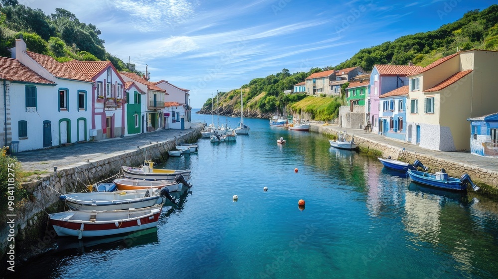 A small coastal town with fishing boats docked in the harbor, surrounded by colorful houses and calm blue waters A small coastal town with fishing boats docked in the harbor, surrounded by colorful houses and calm blue waters