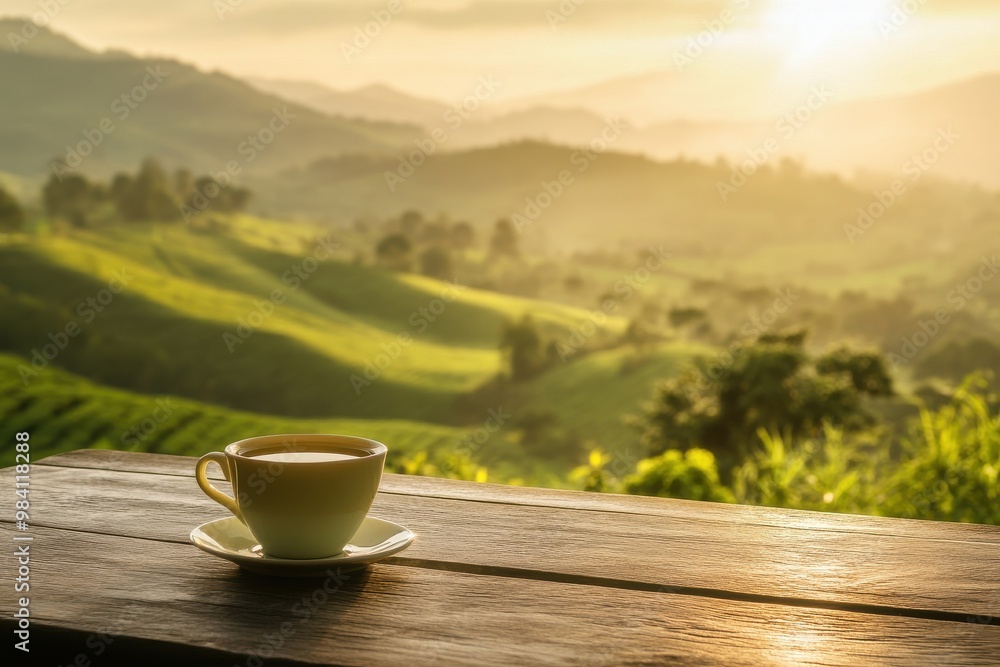 A serene landscape at sunrise, with a cup of green tea sitting on a wooden table overlooking A serene landscape at sunrise, with a cup of green tea sitting on a wooden table overlooking