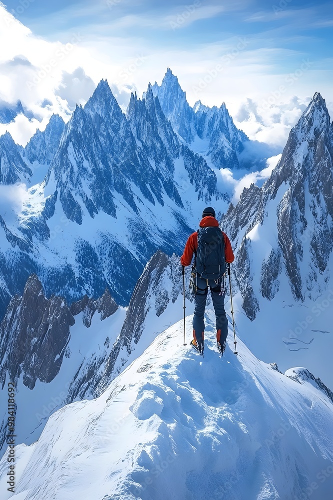 A lone hiker stands on a snowy mountain peak, gazing out at a breathtaking view of the surrounding mountain range. A lone hiker stands on a snowy mountain peak, gazing out at a breathtaking view of the surrounding mountain range.
