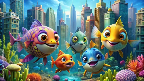 punny finnipedes cartoon characters vibrant underwater city urban wildlife friendship photo