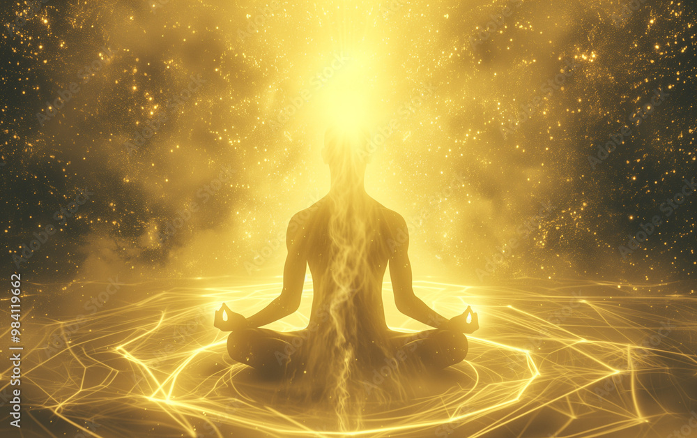 Meditation in golden light, with rays of spiritual energy radiating outward. The soft, warm glow symbolizes inner peace, mindfulness, and the connection to higher consciousness. Meditation in golden light, with rays of spiritual energy radiating outward. The soft, warm glow symbolizes inner peace, mindfulness, and the connection to higher consciousness.