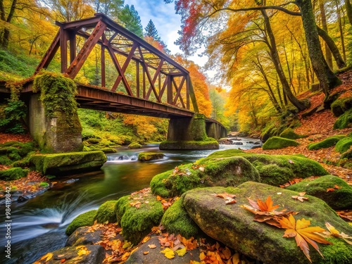 Rusted remnants of a former steel bridge lie scattered amidst vibrant autumn foliage and moss-covered rocks in a serene, overgrown woodland park landscape. photo