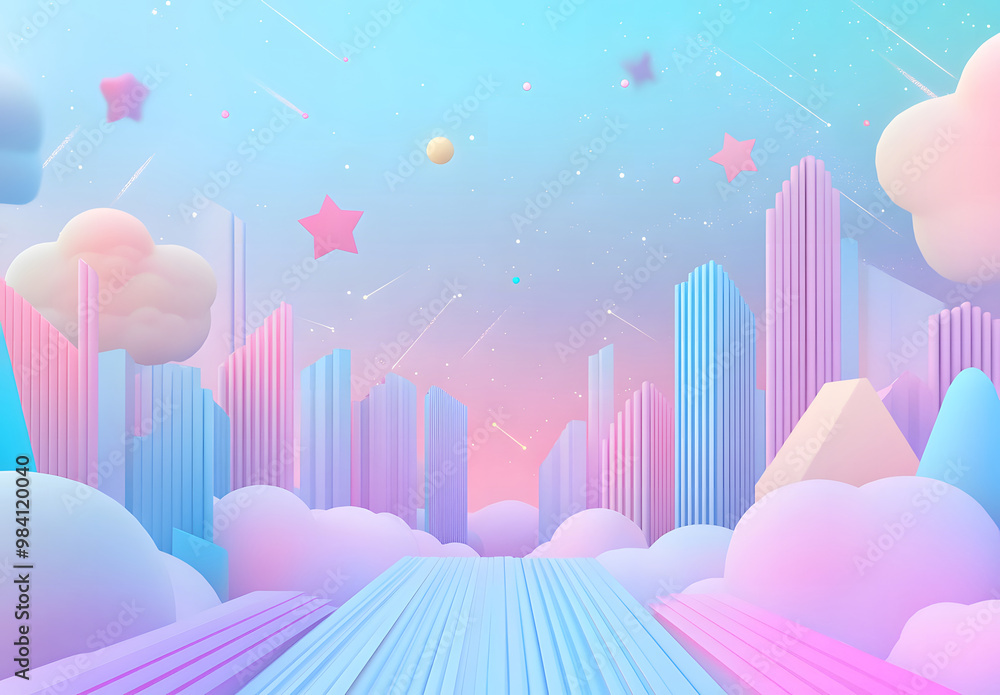 Colorful Futuristic Cityscape Floating in Dreamy Clouds Colorful Futuristic Cityscape Floating in Dreamy Clouds