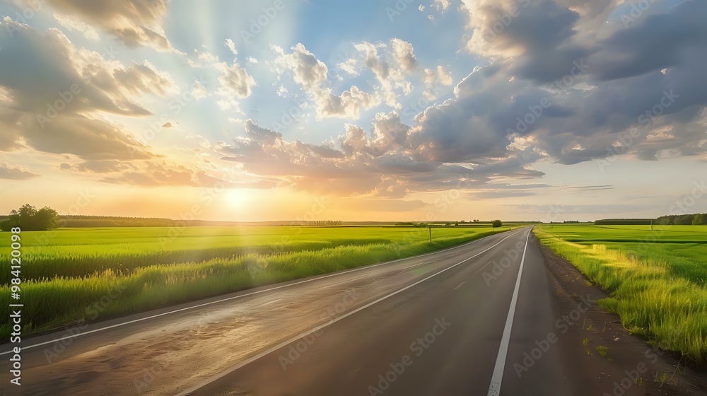Fototapeta premium A beautiful summer countryside scene showcasing vibrant green rice fields in a wide panorama.