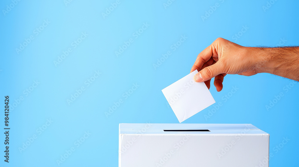 Hand placing a ballot into a white voting box against a blue background, symbolizing participation in elections and civic duty Hand placing a ballot into a white voting box against a blue background, symbolizing participation in elections and civic duty