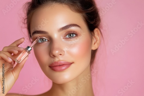 A serene woman with deep, glowing skin applies serum beneath her eyes using a glass dropper