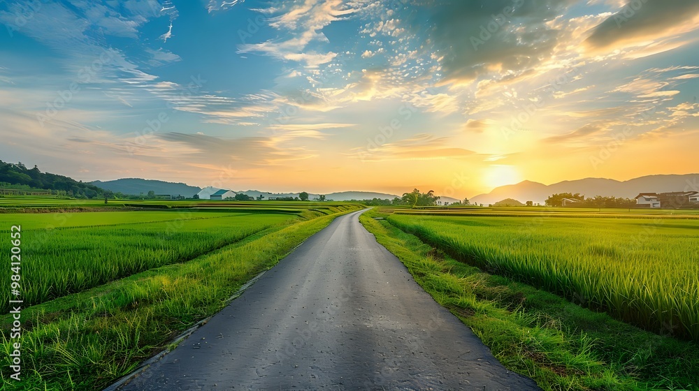 Lush summer panorama displaying serene views of green rice fields amidst the idyllic countryside. Lush summer panorama displaying serene views of green rice fields amidst the idyllic countryside.