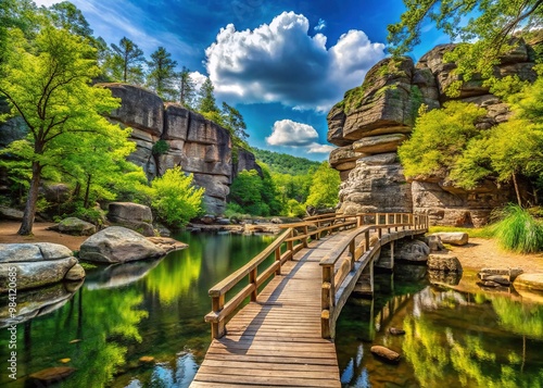 Rustic wooden bridges span Petit Jean State Park's valley, where towering tree canopies meet crystal-clear waters and ancient rock formations rise from the landscape's gentle slopes. photo