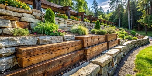 Rustic wooden beams compose a sturdy retaining wall, blending seamlessly into the natural surroundings, providing support and aesthetic appeal to a serene outdoor landscape setting. photo