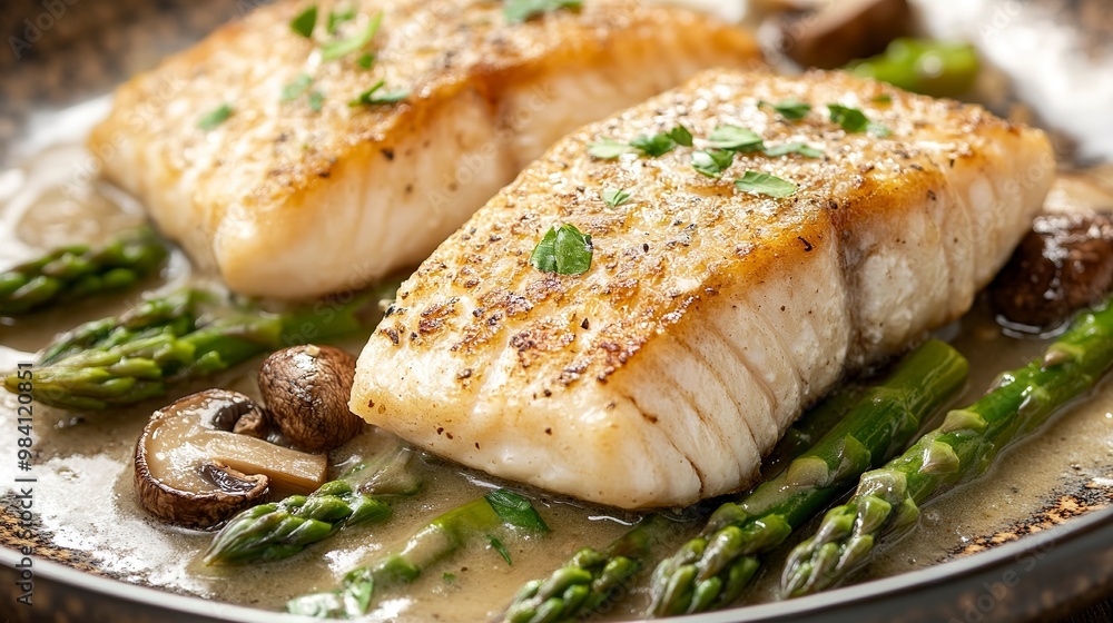 Fried cod fish filet with green asparagus and mushrooms as close up on a plate Fried cod fish filet with green asparagus and mushrooms as close up on a plate