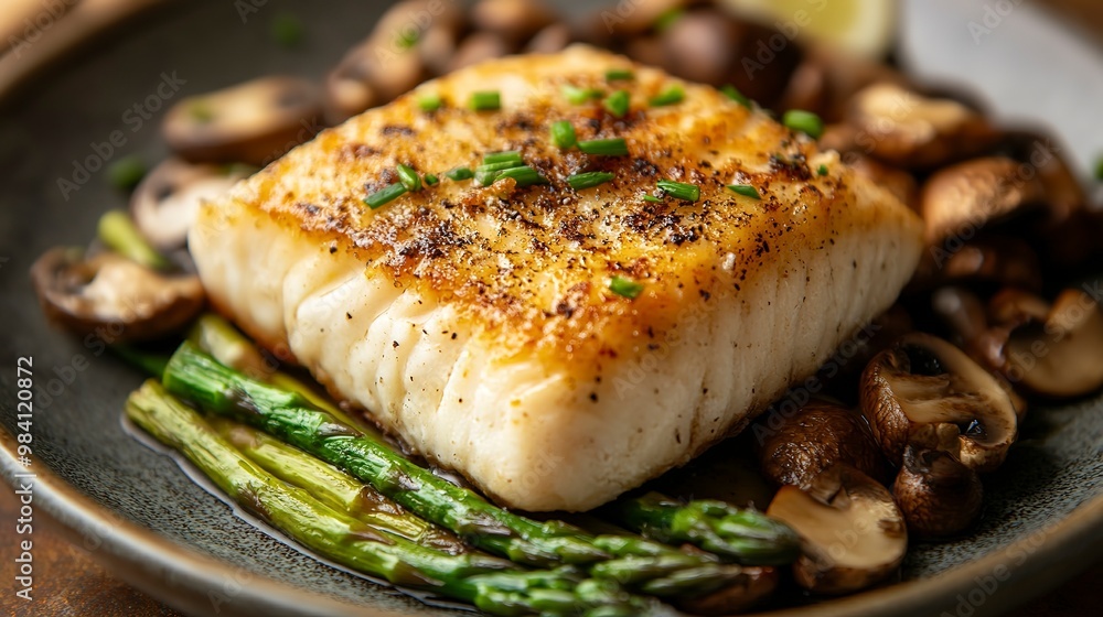 Fried cod fish filet with green asparagus and mushrooms as close up on a plate Fried cod fish filet with green asparagus and mushrooms as close up on a plate