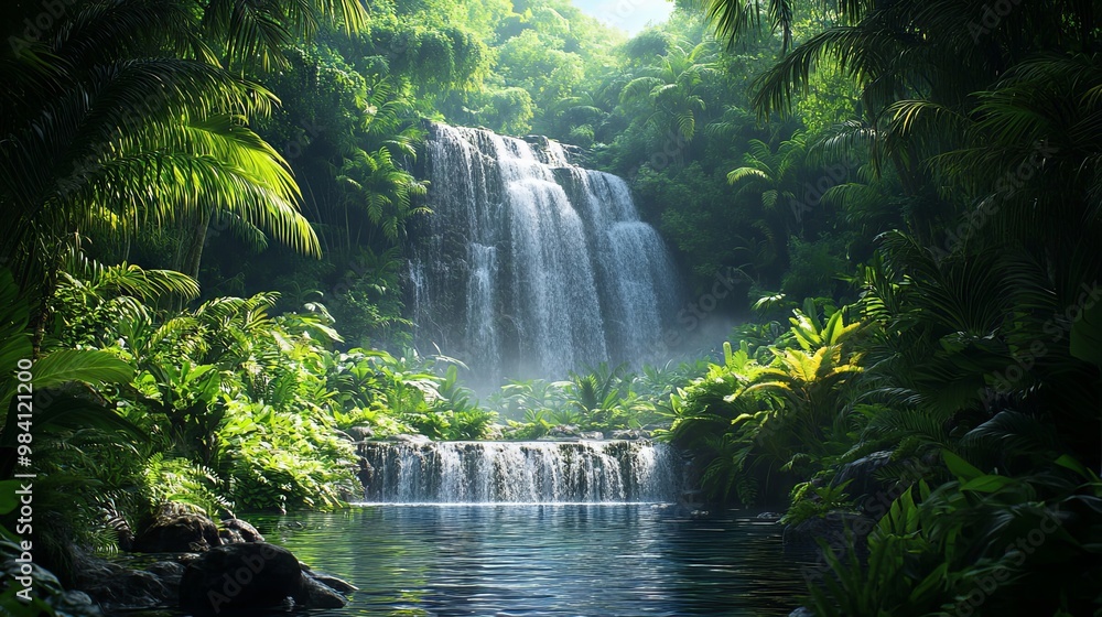 Lush tropical rainforest with cascading waterfalls and thick vegetation Lush tropical rainforest with cascading waterfalls and thick vegetation