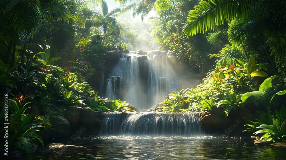Lush tropical rainforest with cascading waterfalls and thick vegetation