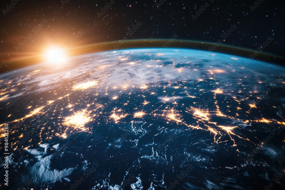 Obraz premium The planet Earth illuminated by city lights, as seen from space. The sun is rising over the horizon, creating a beautiful contrast of day and night.