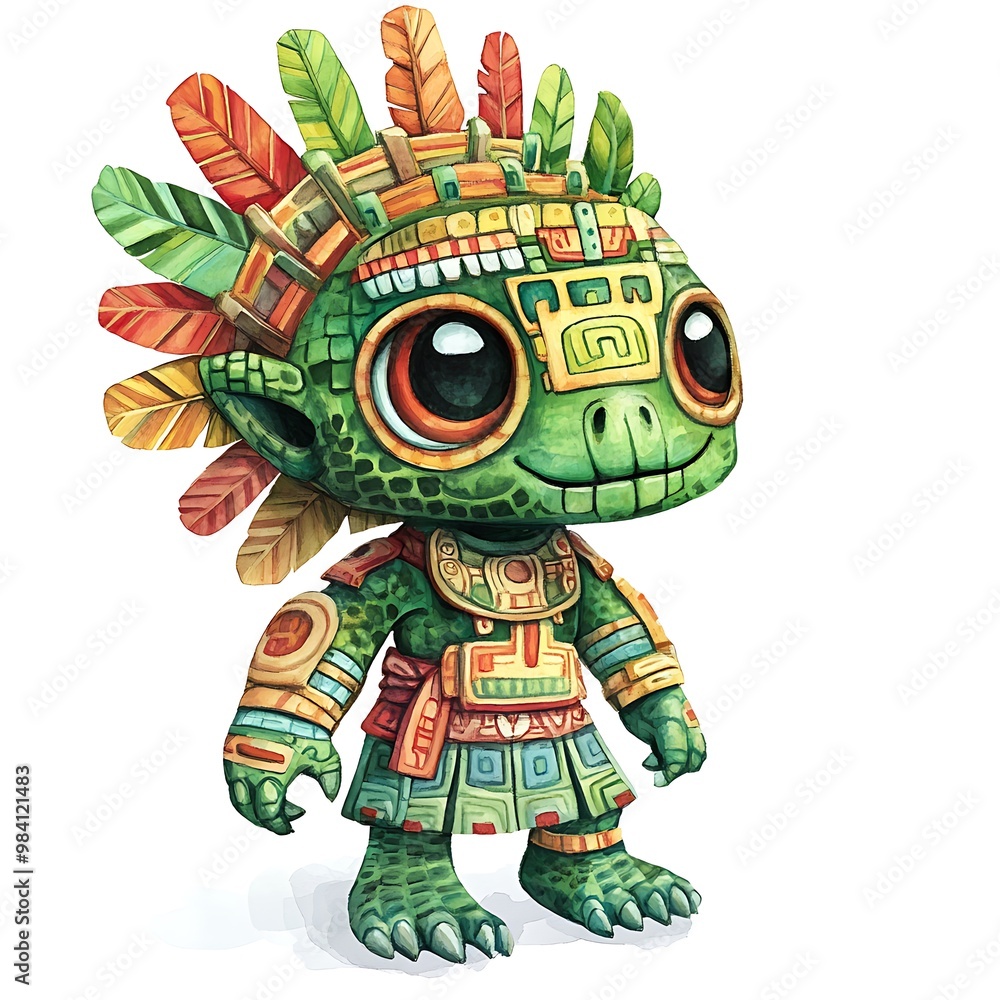 Cartoon Illustration of a Green Aztec-Inspired Creature with Feathers. Cartoon Illustration of a Green Aztec-Inspired Creature with Feathers.