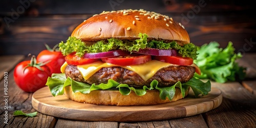 Savory beef patty, draped in melted cheese, sits atop a toasted bun alongside crisp lettuce, juicily ripe tomato, and tangy pickles for a satisfying bite. photo