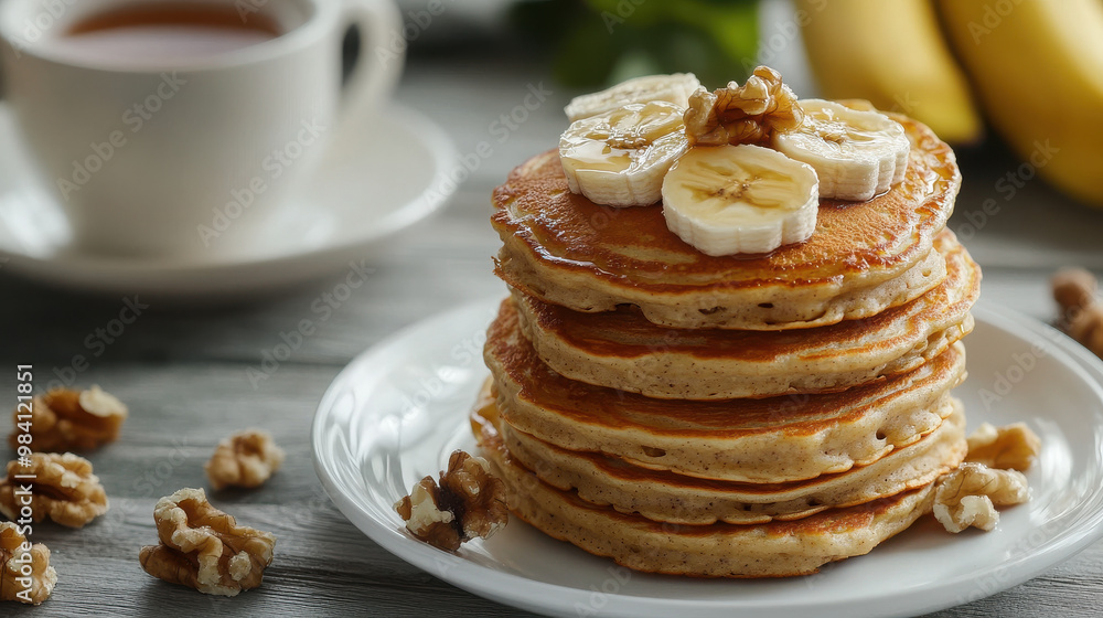 A stack of pancakes topped with banana slices and walnuts, accompanied by a cup of tea. A stack of pancakes topped with banana slices and walnuts, accompanied by a cup of tea.