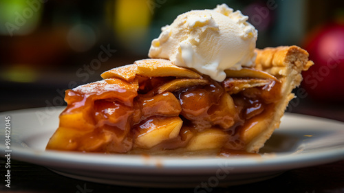 Slice of warm apple pie topped with a scoop of vanilla ice cream served on a white plate.