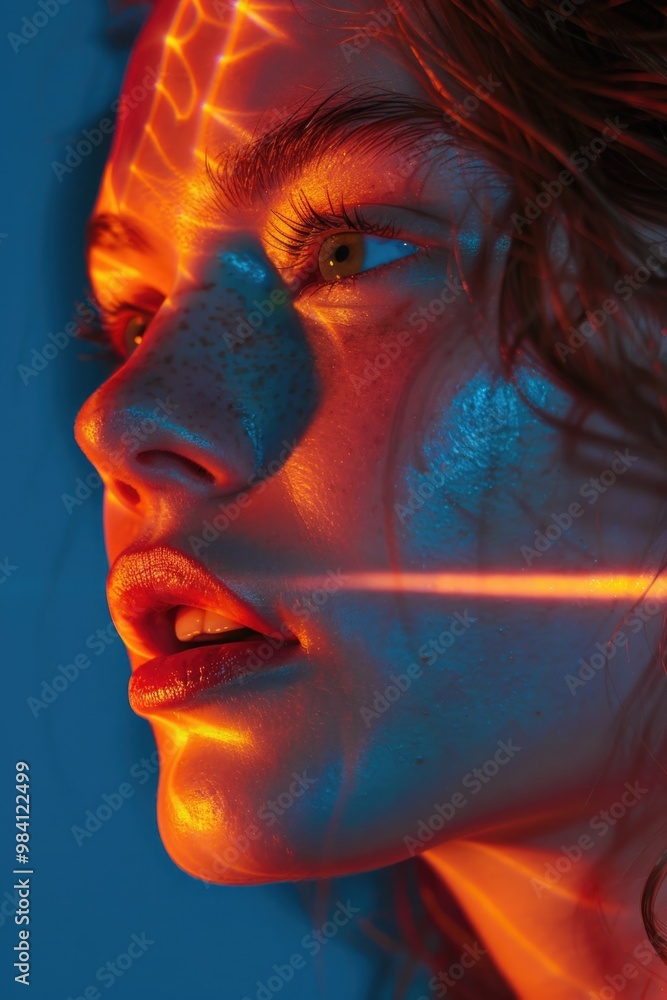 Stylized portrait of a woman with vibrant red glow effects, showcasing futuristic beauty and high dynamic range (HDR) lighting. Stylized portrait of a woman with vibrant red glow effects, showcasing futuristic beauty and high dynamic range (HDR) lighting.