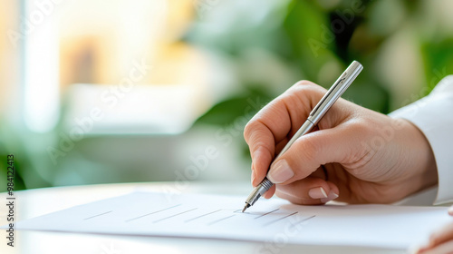 Close-up of a person's hand using a silver pen to write on blank paper in a bright, modern setting with greenery in the background